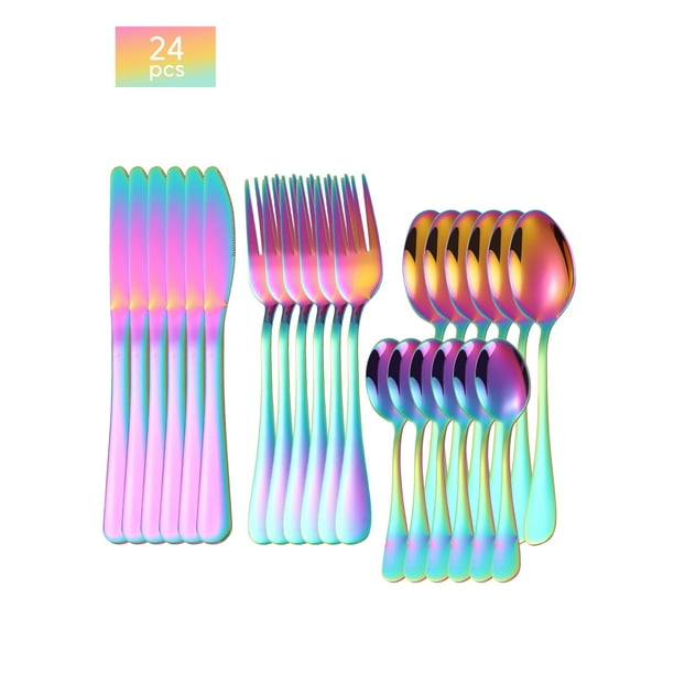 Xiao Hua Juego de cubiertos de 24 piezas, para 6 personas, de acero inoxidable, para cocina, hogar, restaurante, fiestas, multicolor.