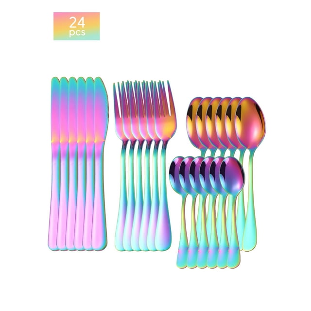 Zhuge Ensemble de Couverts 24 Pcs, Ensemble de Coutellerie pour 6, Ensemble de Couverts en Acier Inoxydable, Ustensiles de Cuisine pour Maison Restaurant Fête, Multicolore