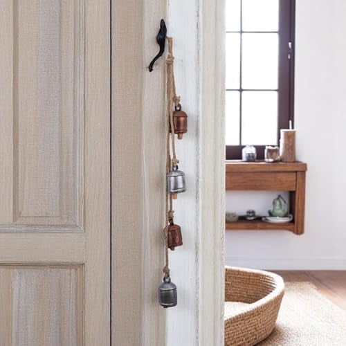 Hanging Christmas Bells 36" – 4 Rustic Cow Bell Garland on Jute Rope – Christmas Tree Ornaments, Wreath Decoration, Witch Bells, Jingle Bell, Farmhouse Decor, Indoor Outdoor (Silver-Copper)