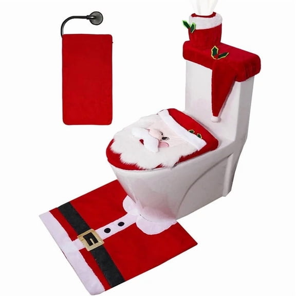 Christmas Toilet Seat Cover Set – 5pcs Santa Bathroom Decorations Including Rug, Tank Cover, Tissue Box & Hand Towel – Holiday Décor for Bathroom, Reusable & Washable