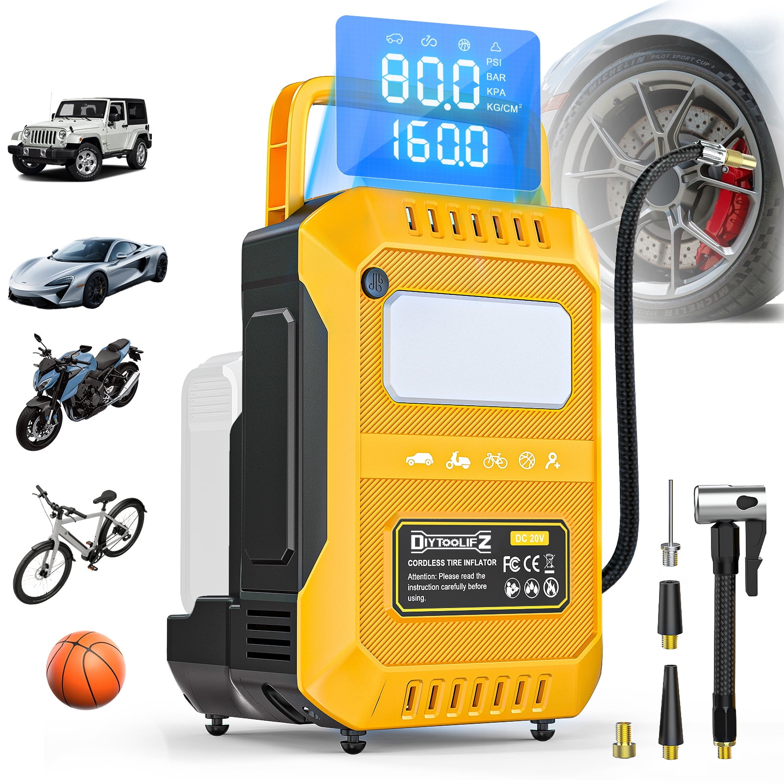 Tire Inflator Portable Air Compressor Compatible with Dewalt 20V Battery, Cordless Bike Pump 160 PSI Car Tires Air Pump with LED Lights & Digital LED Display for Auto, Motorcycles, Balls (Tool Only)