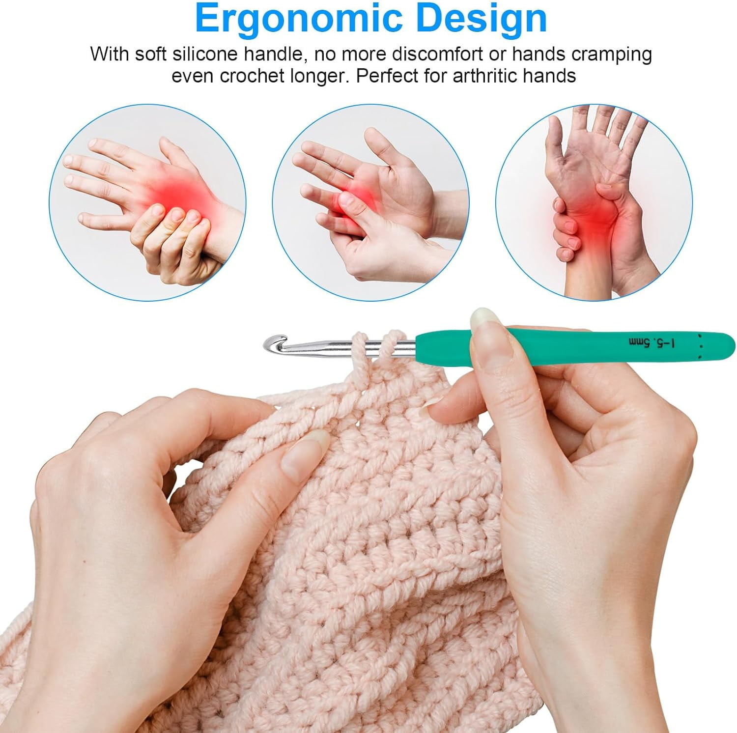 Crochet Hooks 12 Sizes Hook Set, 51 Pack Yarn Kit for Beginners, Knitting Needles with Ergonomic Handles Arthritic Hands, Needle Blue Case Crocheters