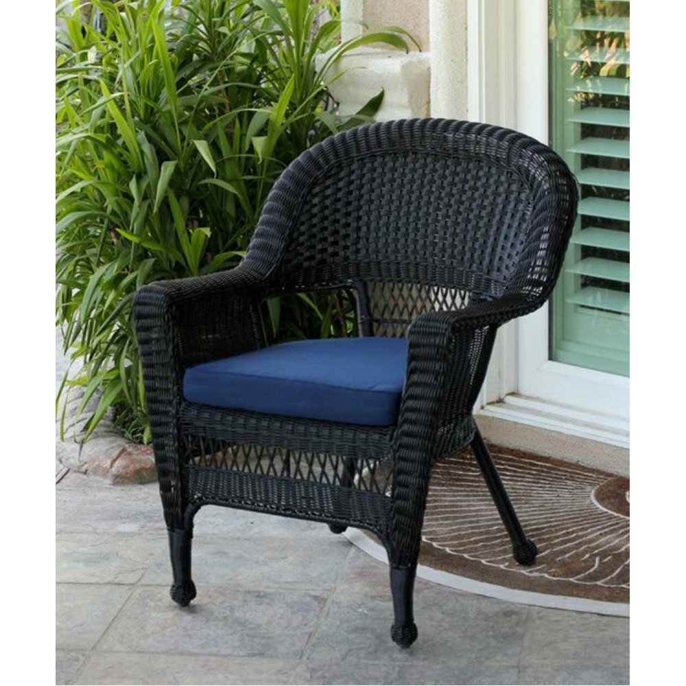 36" Black Resin Wicker Outdoor Patio Garden Chair with Navy Blue