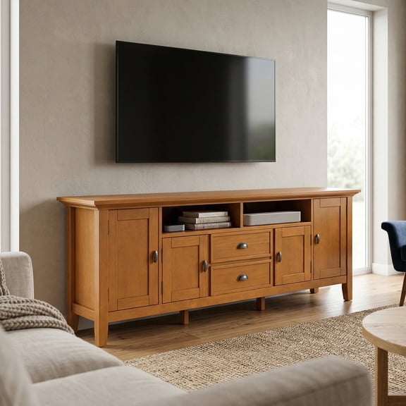 Simpli Home Simpli Home Redmond 72 inch Wide Solid Wood Transitional TV Stand in Light Golden Brown For TVs up to 80 inches
