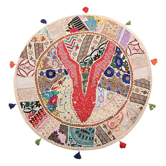 Stylo Culture Indian Yoga Pillows For Sitting On Floor Vintage Patchwork Pouf Cover White Large 32x32 Decorative Round Decor Seating Tuffet Seat Pouf Cover Footstool Cotton Embroidered 1 Pc