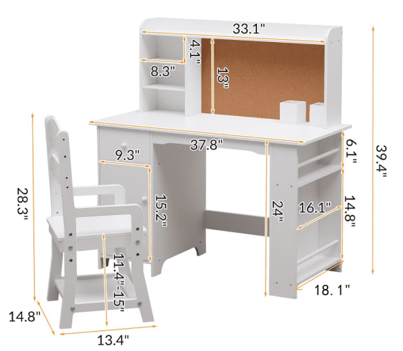 Kids Desk and Chair Set, Wooden Children Study Table with Storage Shelves, Cork Bulletin Board, Drawer and Cabinet, Pink, White