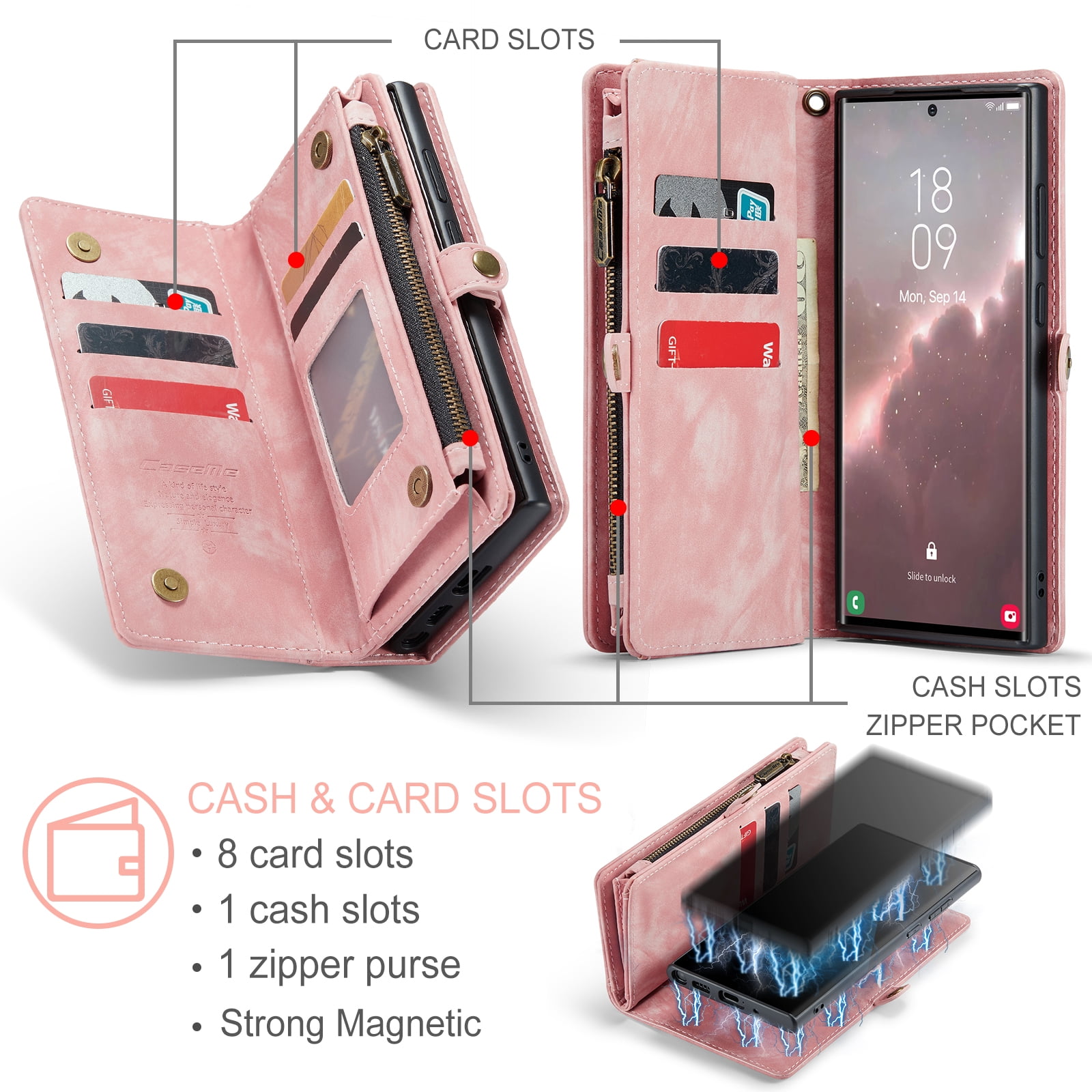 Feishell Durable 2- In-1 Magnetic Detachable Wallet Case for Samsung Galaxy S24 Ultra,for Women Men,Premium PU Leather Zipper Pocket Flip Multi Card Slots Purse Phone Case with Wrist Strap,Pink