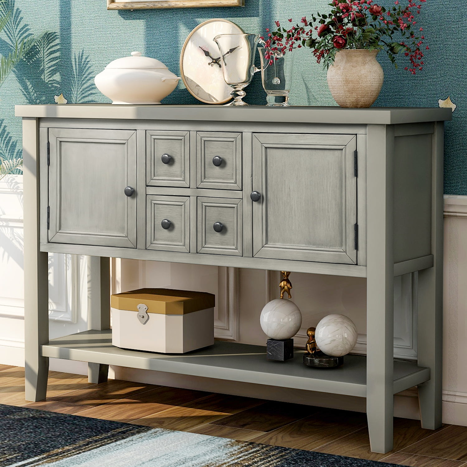 Storage Buffet Sideboard Cabinet for Kitchen/Entryway Side Table for Living Room Wood Console Sofa Table with Drawers and Bottom Shelf Antique Navy