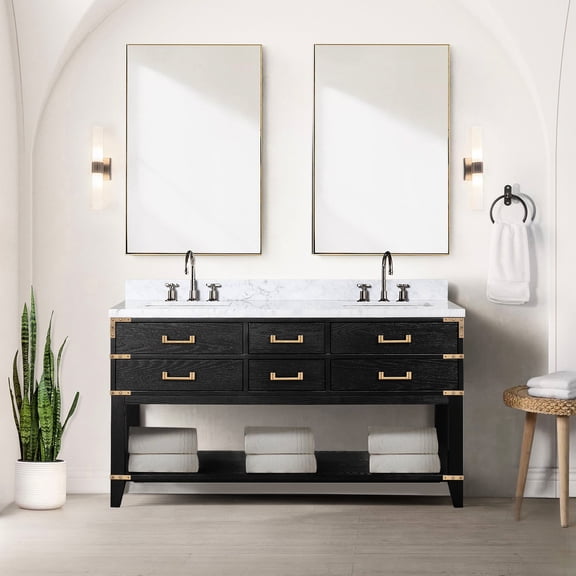 Black Oak Bathroom Vanity Double 60 In. W X 22 D, Marble Top, Faucet - Enchanting Feature Classy Element