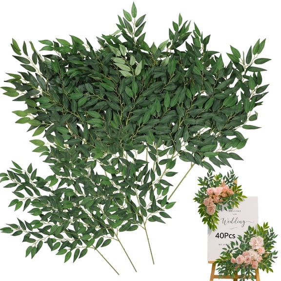 40 Pcs Italian Ruscus Greenery Stems, Artificial Greenery Vines, Faux Leaf Garland Branches for Home Decor, Vivid Green Leaves for Indoor & Outdoor Use