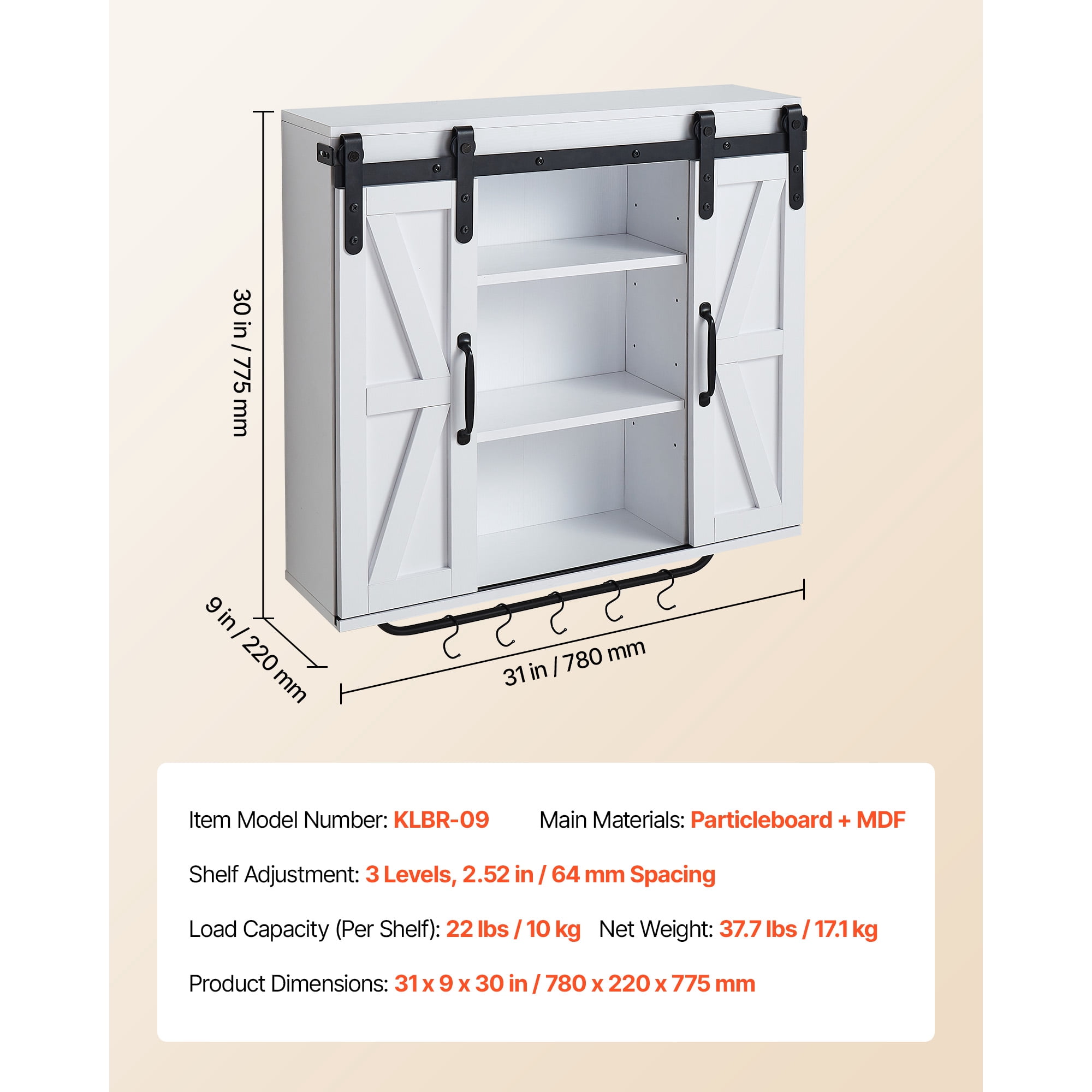 KFFKFF Bathroom Wall Cabinet with Adjustable Shelf, 2 Doors, and Open Storage Space, Wall-Mounted Organizer with Towel Bar and Hooks for Bathroom, Laundry Room, or Kitchen, White