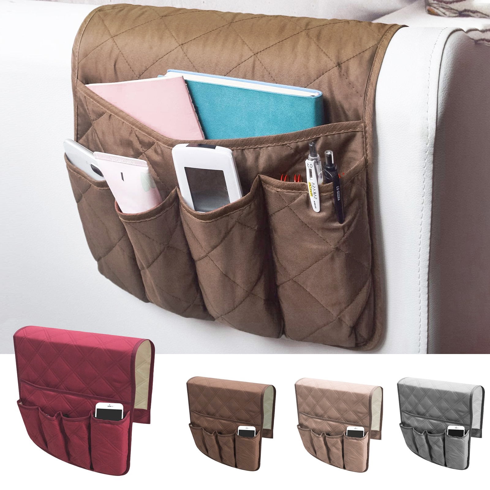 Space Saver Bag Sofa Armrest Organizer Cloth Storage Pouch Holder for Cellphone Magazines Glasses TV Remote Control Anti-Slip Caddy Pocket for Couch Armchair Grey 