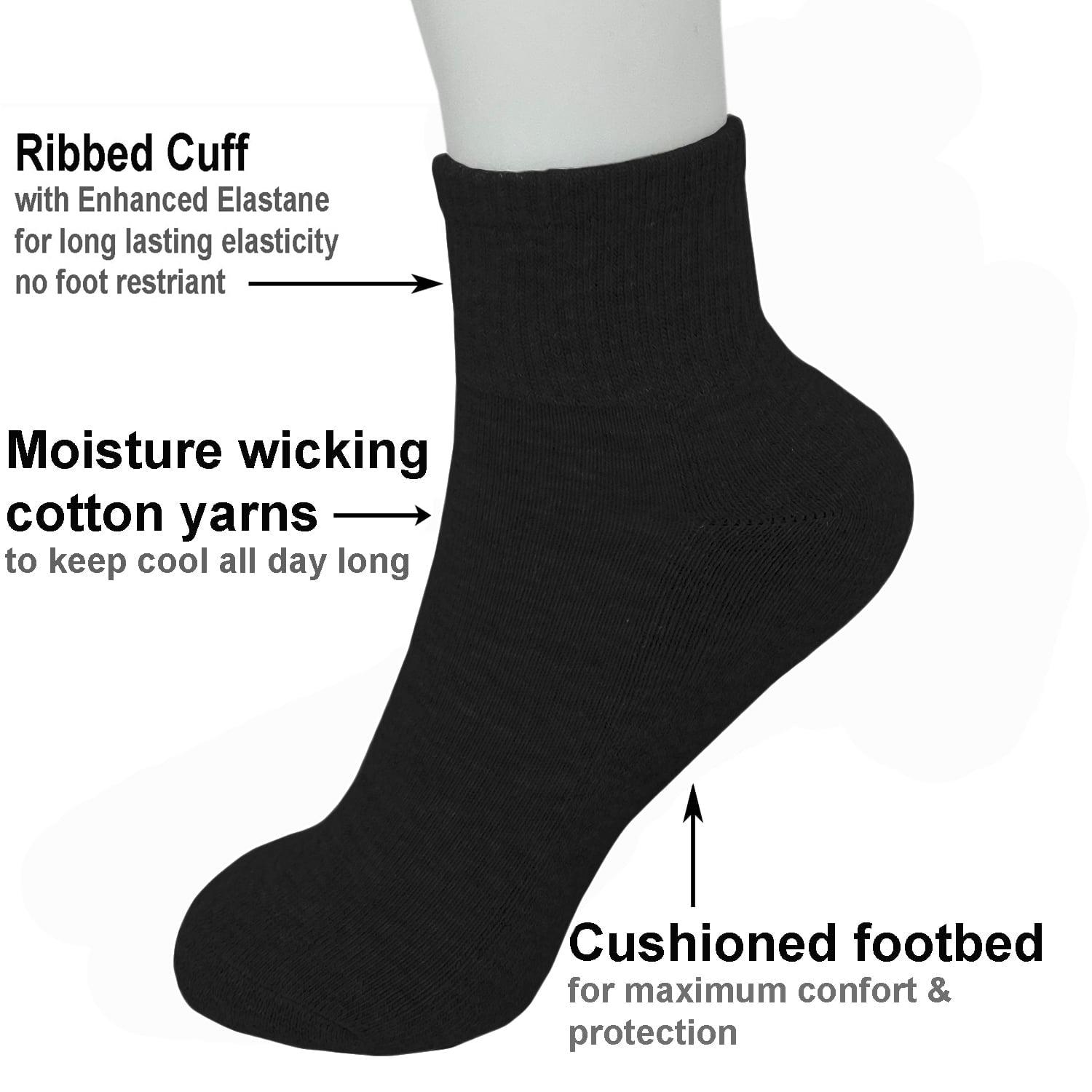 12 Pairs Women's Cotton Solid Black Athletic Cushioned Ankle Quarter Socks Size 9-11