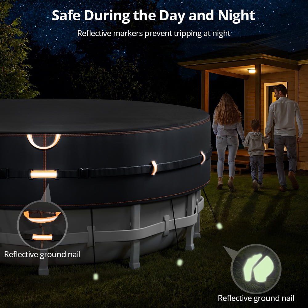 18 Ft Round Pool Cover with Reflective Strips, Swimming Pool Cover for Above Ground Pools, Solar Cover Including Rope Tie and Luminous Ground Nails, PU Tarp Snug Fit for UV Protected
