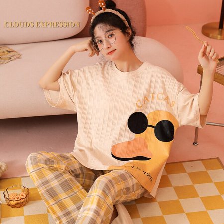 

QWZNDZGR Spring Summer Short Pijama Cartoon Duck Print Women s Pajamas Set Kawaii Girls Nightwear Plaid Sleepwear Lounge Homewear Fashion