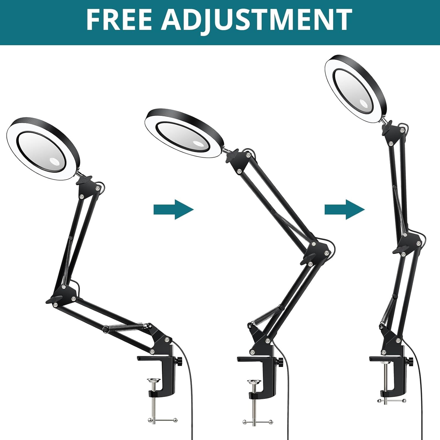Magnifying Glass with Light and Clamp, 29 inch Adjustable Swivel Arm Lighted Magnifying Desk Lamp, LED 3 Color Modes,10 Brightness, Hands Free Flexible Magnifier for Hobby Close Work, Reading
