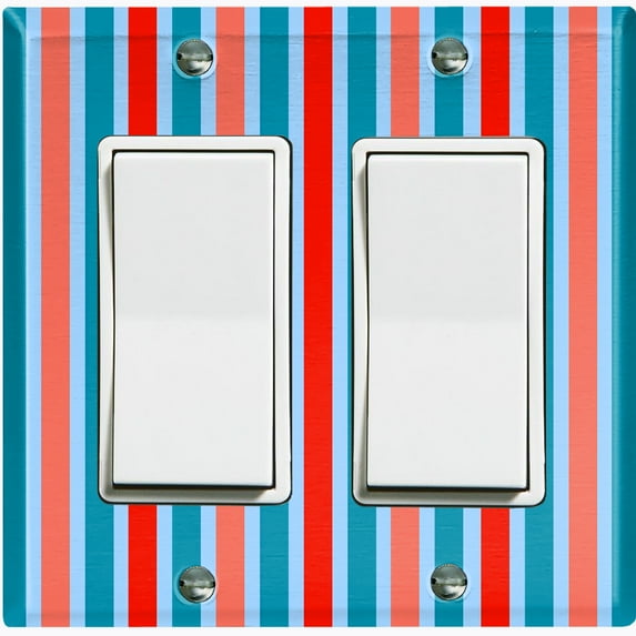 Metal Light Switch Wall Plate Outlet Cover (Vintage Red Teal Striped Wall - Double Rocker)
