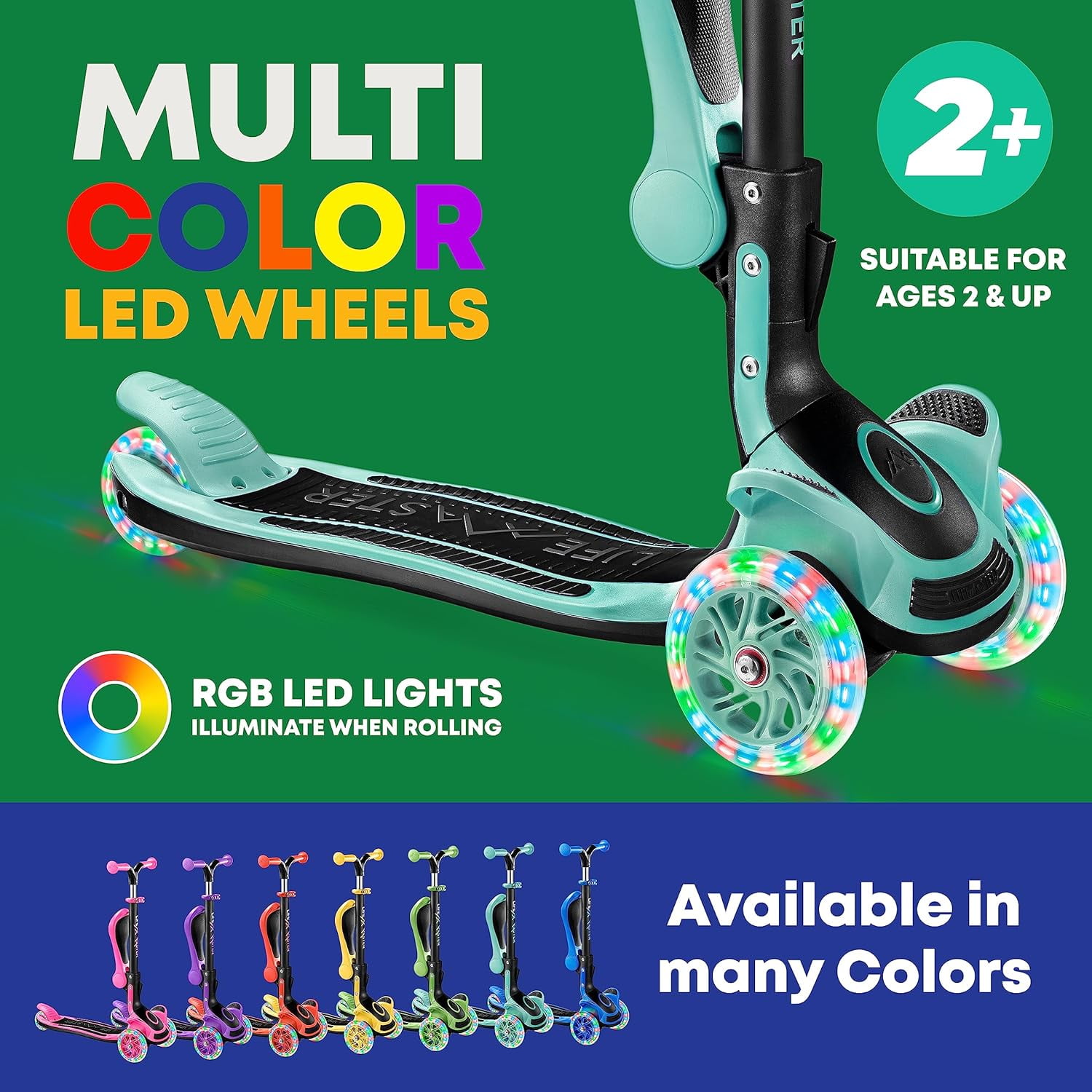 Kids Scooter – Foldable Seat – LED Wheel Lights Illuminate When Rolling – Children and Toddler 3 Wheel Kick Scooter – Adjustable Handlebar – Indoor and Outdoor- Teal - by Lifemaster