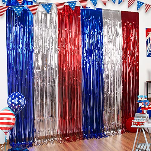 3 Packs 4th of July Party Tinsel Foil Fringe Curtains Red White Blue Photo Backdrops Props 4th
