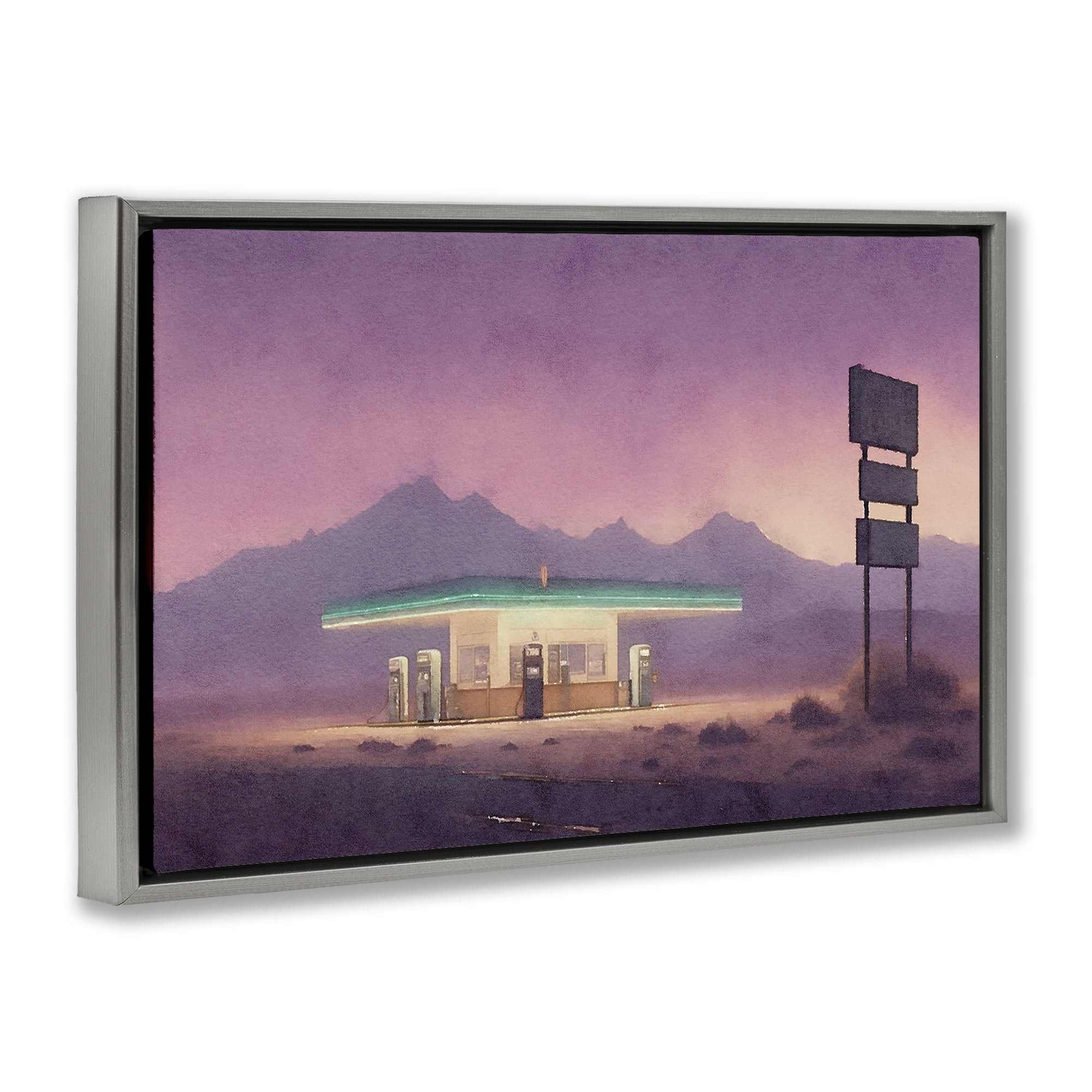Stupell Industries Desert Gas Station Scenic & Cityscapes Painting Gray Floater Framed Canvas Art Print Wall Art, 25 x 17
