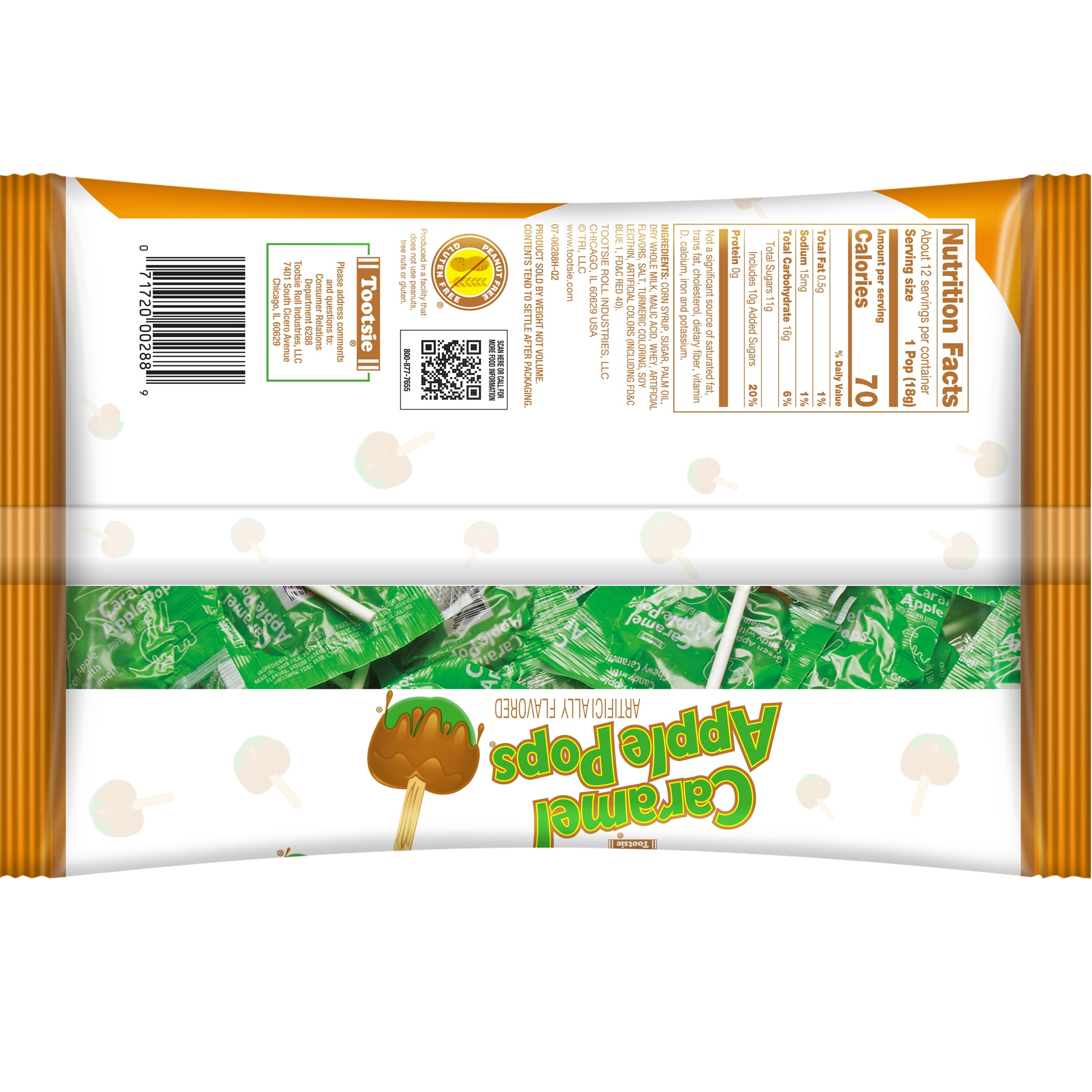 (2 pack) Caramel Apple Pops, Caramel Coated Green Apple Lollipops, Individually Wrapped, 7.5 oz. Peanut Free, Gluten Free.  Contains Milk and Soy.