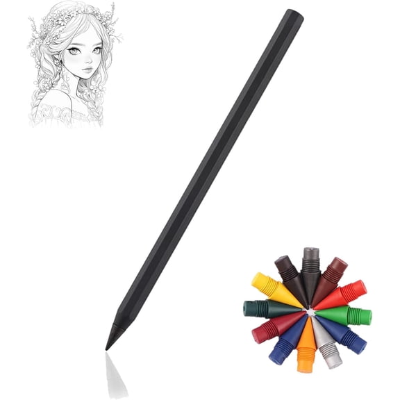 Vggrvlo Everpen Pencil Metal Alloy Writing Instrument The Endless Pencil Reusable with 12 Colors Replaceable Nibs For Drawing, Writing, Painting, Sketching