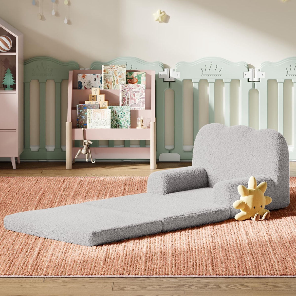 Soonbuy Kids Couch, 2-in-1 Convertible Teddy Fleece Fabric Toddler Sofa Chair, Soft Fold Out Couch Lounger for Kids, Comfy Children's Sofa Bed for Playroom, Nursery, Birthday Gift
