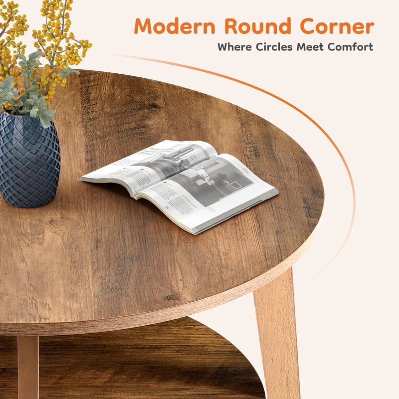Gianna Round Coffee Table, 32" Wood Coffee Tables for Living Room with Storage, 2-Tier Center Circle Counter with Wooded Desktop, 50 lbs Capacity, Anti-Slip Feet, Brown