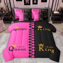 Manfei King Queen Crown Bedding Comforter Set 7pcs for Girl, Couple Anniversary King Bedding Sets, Hot Pink Square Rectangle Reversible Bed Sheets, Microfiber Bedroom Decor