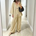 thumbnail image 2 of Womens Cotton Linen Sets 2 Piece Oversized V-neck Loose Top and Wide Leg Pants Sets Casual Vacation Outfits Beige M, 2 of 6