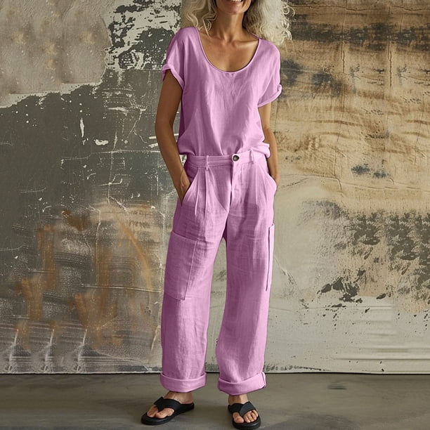 TaTaai Women's Spring Summer Two Piece Outfit Short Sleeve Round Neck T-Shirt and Cargo Trousers Solid Color Casual Matching Set for Daily Wear Gift