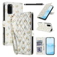 thumbnail image 1 of Wallet Case for Samsung Galaxy S20FE, PU Leather Phone Cover Kickstand RFID Blocking Flip Case Card Slots Wrist Strap Relief Engraved Pattern Magnetic With Stylus Pen, Gold Flower, 1 of 10
