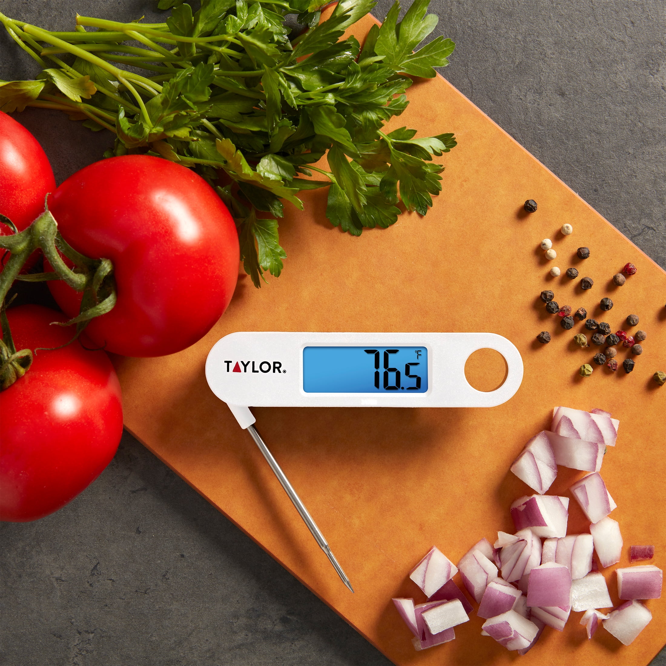 Taylor Stainless Steel Digital Folding Probe Meat Thermometer, Blue Backlight Display, White