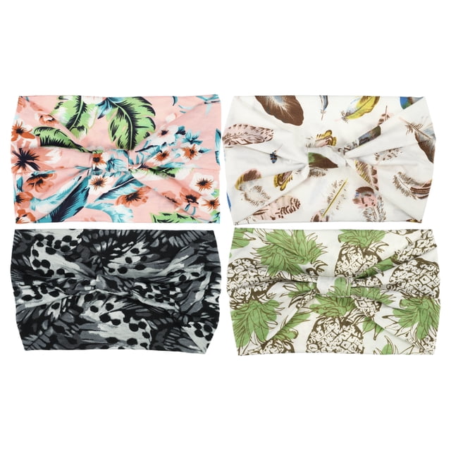 Diadema anudada de lado ancho impresa Bohemia de 4 piezas para mujeres en negro, gris, rosa, verde y blanco