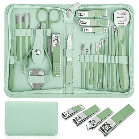 ILAVYO 22pcs Manicure Set, Stainless Steel Nail Clippers with Leather Case, Portable Travel Grooming Pedicure Kit for Women and Men