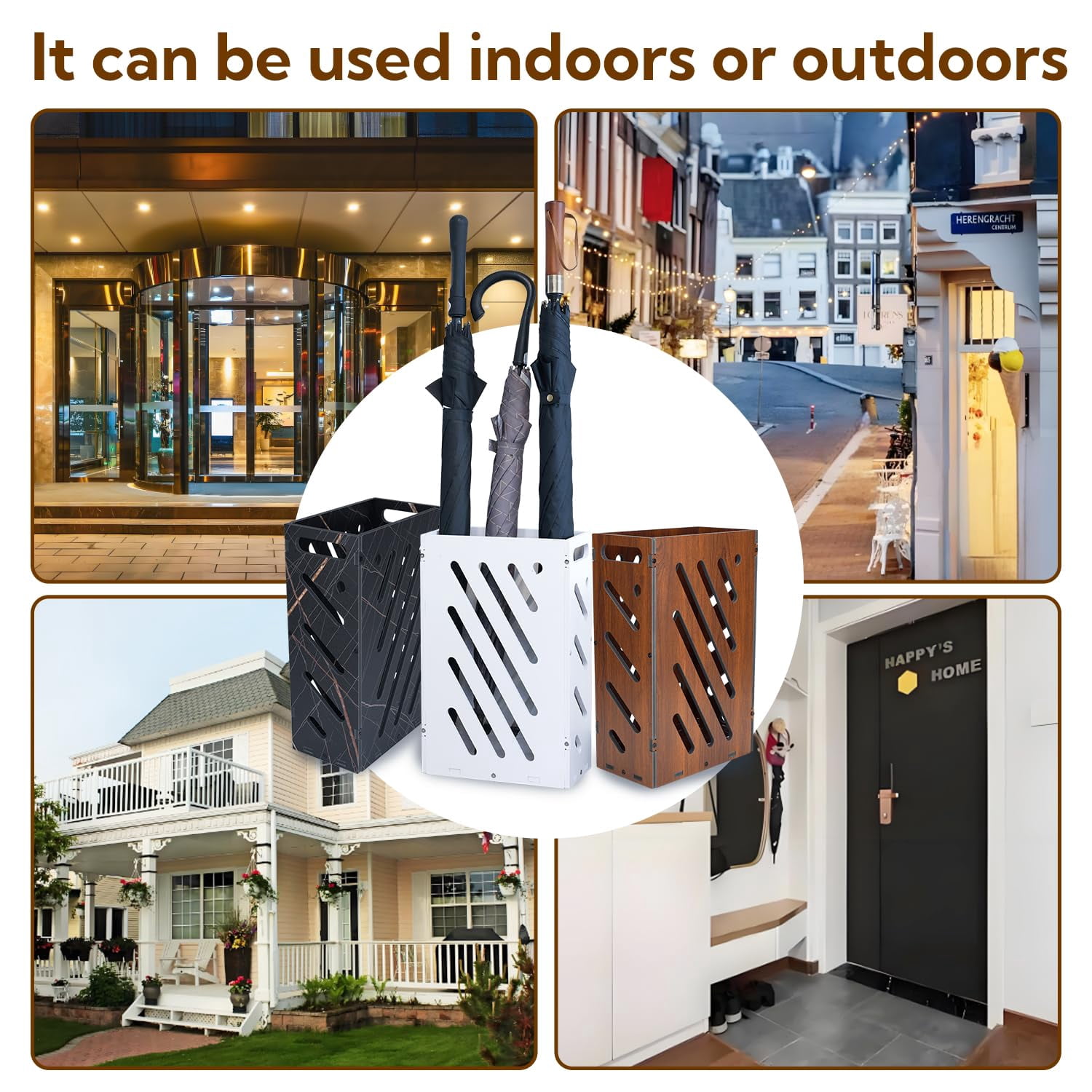 Brown Umbrella Stand For Entryway  Holder With Removable Water Tray Pvc Storage Bin Indoor Outdoor Freestanding Organizer Home Office Hotel