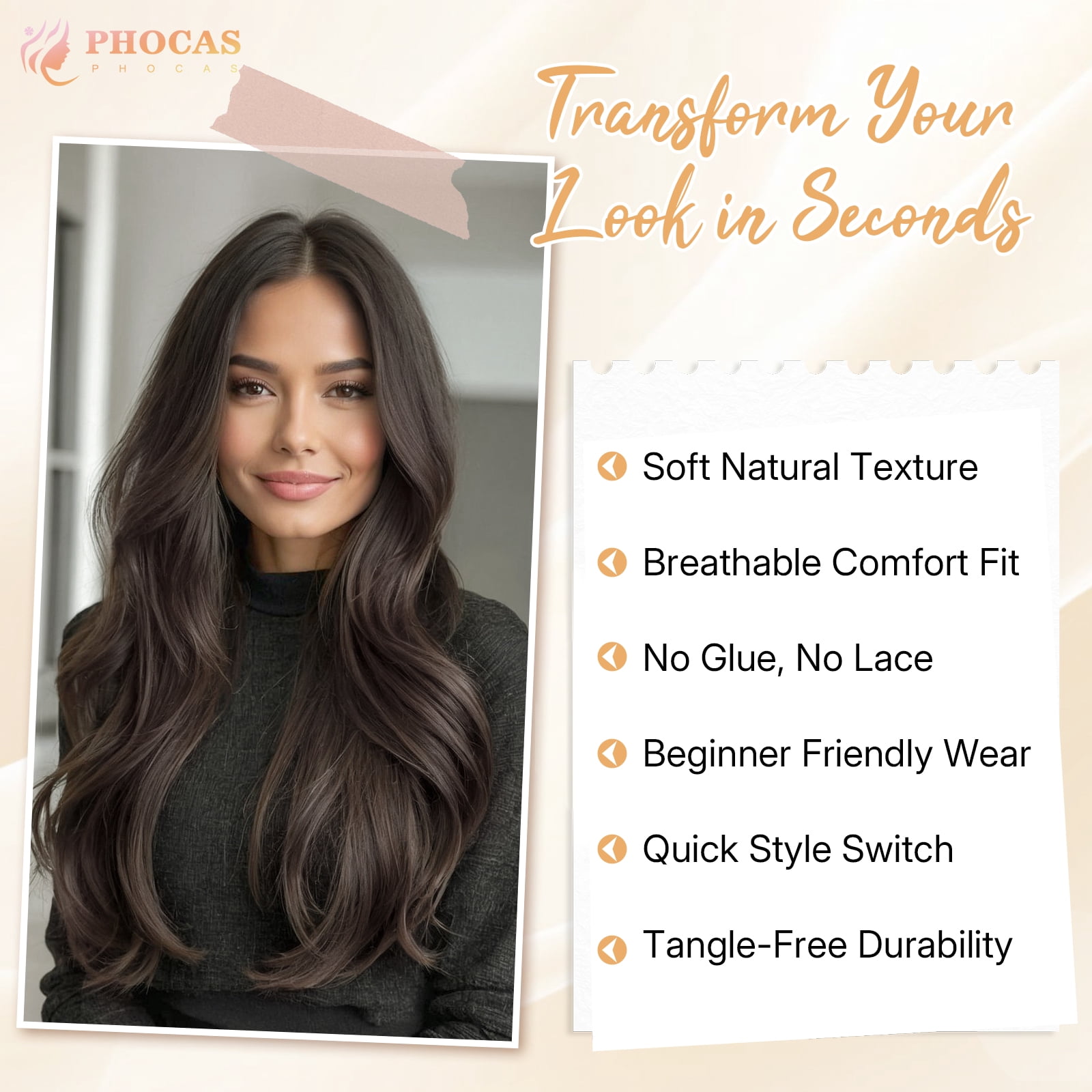 PHOCAS 28 Inch Deep Wave Lace Front Wig 13x3 Synthetic Glueless Wig for Women Pre Plucked Natural Hairline Heat Resistant Easy Style Dark Brown