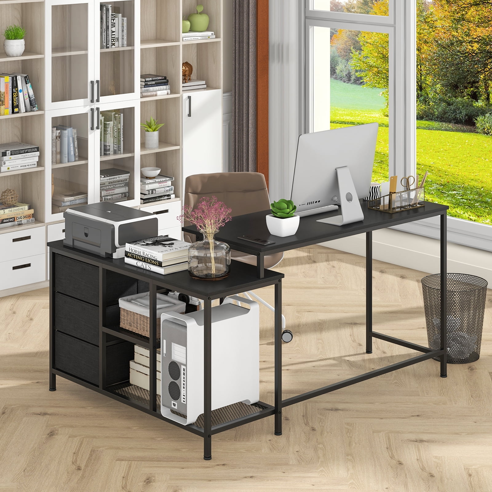 Topbuy L-Shaped Computer Desk with Drawers & Shelves 81” Convertible Home Office Desk with Charging Station Black