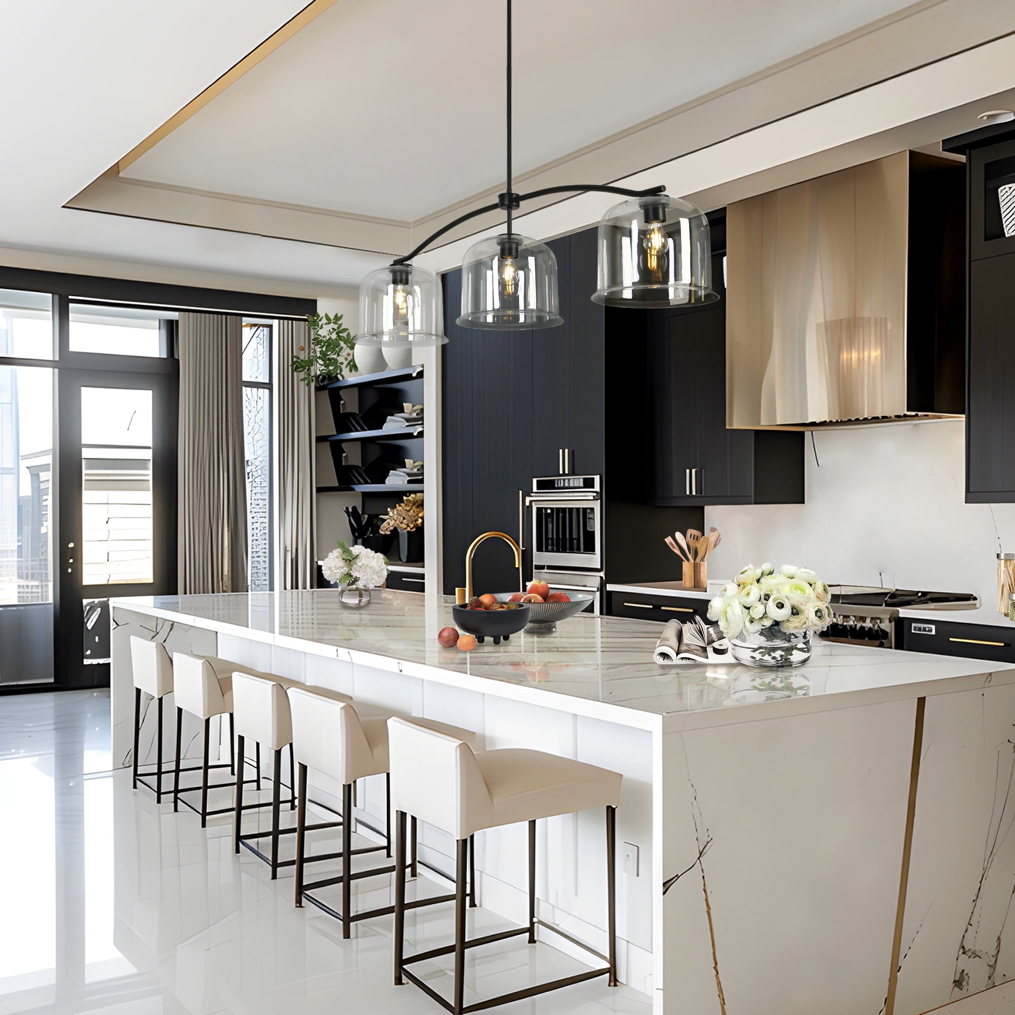 LNC Morrisave 3 -Light 55.9-in Matte Black with Clear Glass Farmhouse Clear glass Cage Bell Large Hanging Pendant Light