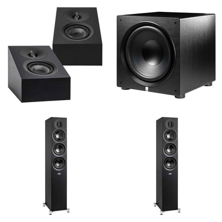 Elac DF53-BK - Debut 3.0 5.25" Floor Speaker - Black (Pair), ELAC DA43-BK Debut 3.0 - DA43-BK Atmos / On Wall speaker, and Elac PS500 Subwoofer