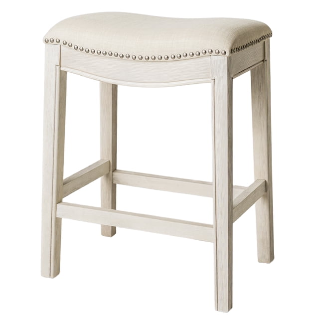 Maven Lane Adrien Saddle Counter Stool in White Oak Finish w/ Natural Fabric Upholstery