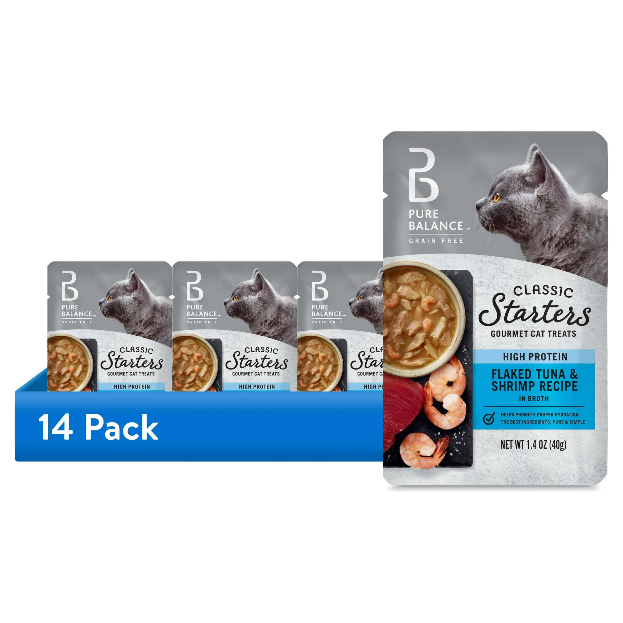 (14 pack) Pure Balance Classic Starters Flaked Tuna & Shrimp Recipe in Broth Gourmet Cat Treats, 1.4 oz