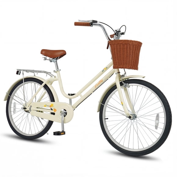 Gymax 24-Inch Beach Cruiser Bike w/Adjustable Seat Woven Basket & Rear Rack Beige