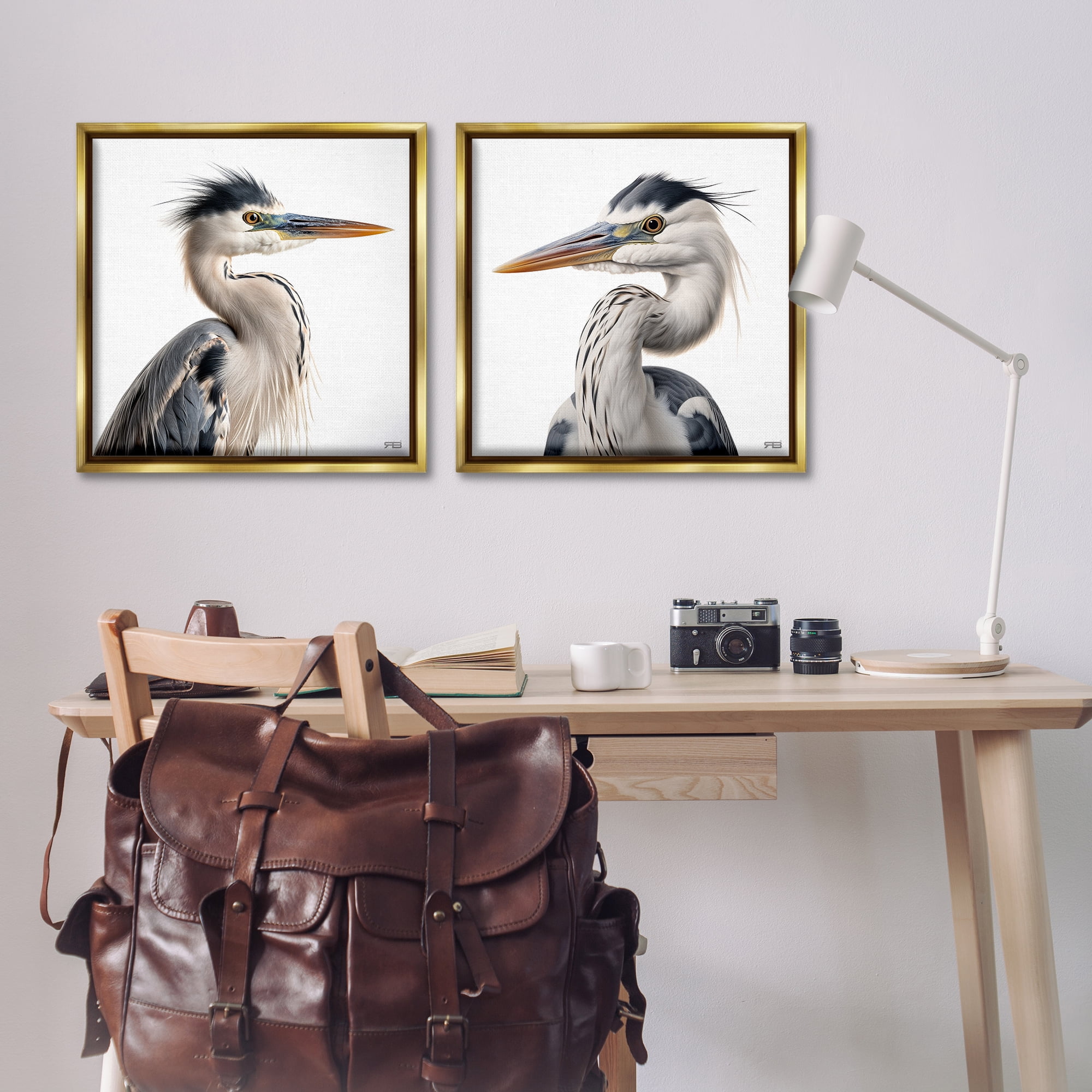 Stupell Industries Young Heron Birds Animals Painting Gold Floater Framed Canvas Art Print Wall Art, 25 x 25, Set of 2