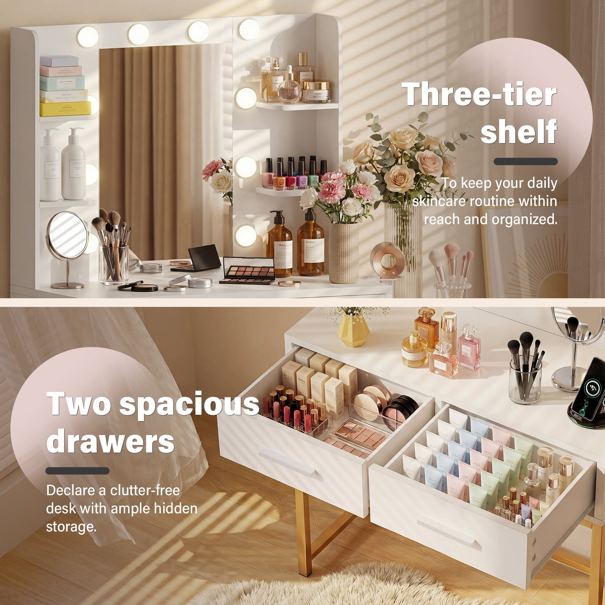 Homall Vanity Desk with Mirror, Power Outlet & LED Lights, Makeup Vanity Table with 2 Drawers & 4 Shelves, Dressing Table for Bedroom Dressing Room, White