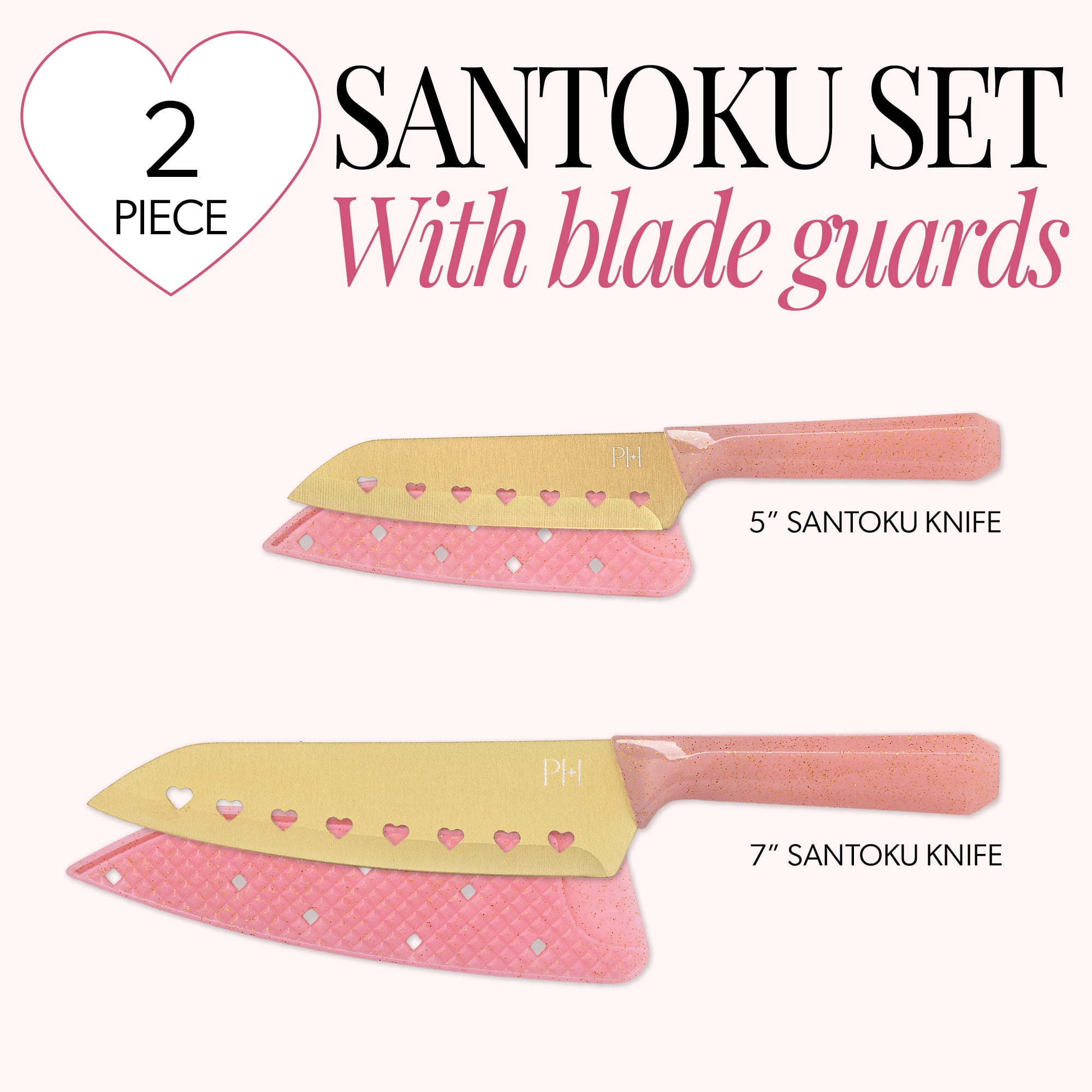 Paris Hilton 2-Piece Santoku Knife Set, Titanium-Coated Stainless Steel Blades with Heart Cut-Outs, Pink Jewel-Faceted Handles