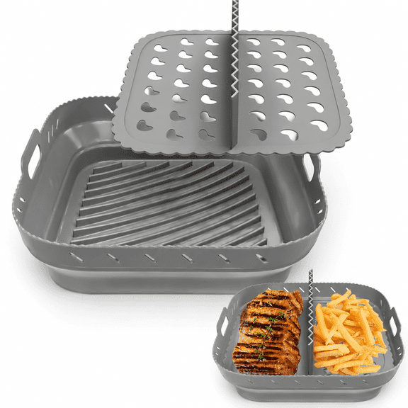 8-Inch Silicone Air Fryer Liner with Divider, 2-Pack Foldable Non-Stick Airfryer Basket Insert, Reusable Oven Microwave Safe, Fits 5-10 QT Square Fryers