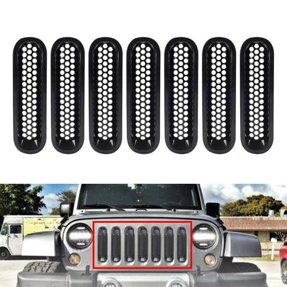 ZS 7Pcs/Set Gloss Black Car Front Racing Grill Insert Mesh Grille for Jeep Wrangler JK 2007-2017 ABS Plastic Auto Replacement Parts