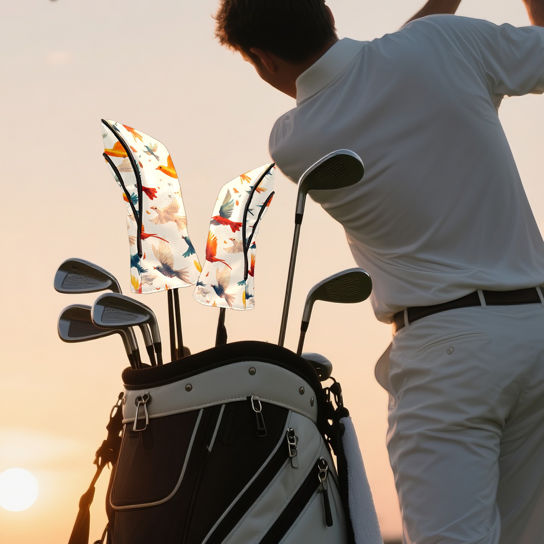 Golf Club Covers PU Leather Waterproof Head Covers for Fairway Woods Hybrids Colorful Pigeons