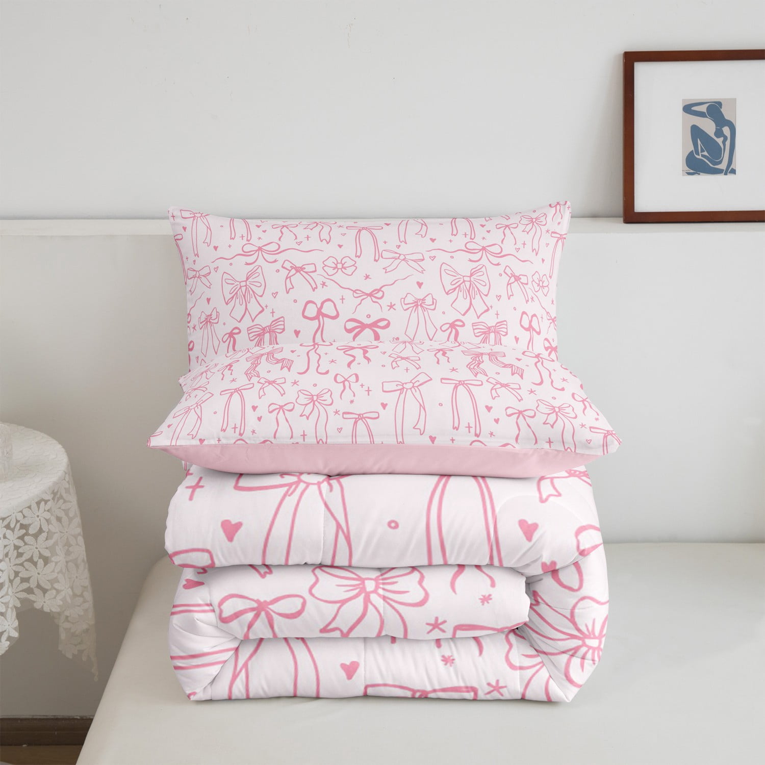 Pink Bowknot Comforter Set Twin Size,Princess Bedding Sets,Cartoon Bow Tie Butterfly Knot Quilt Set Bow Stars Love Pink Sweet Girly Duvet Insert Teens Woman Room Decor 2Pcs